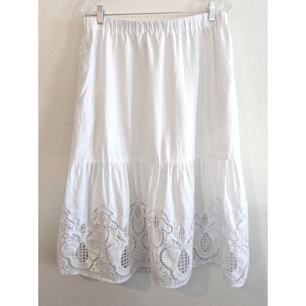 Talbots PM Embroidered Fit & Flare Skirt White Linen Cotton Eyelet Lace Pockets